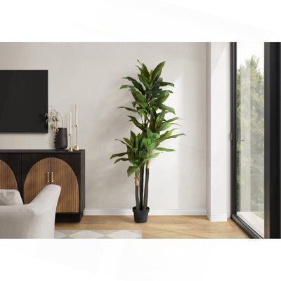 Plante artificielle, 83 po de haut, intérieur, arbre Dracaena, décoratif, faux, faux, plancher, pot, touche réelle, feuilles vertes, pot noir