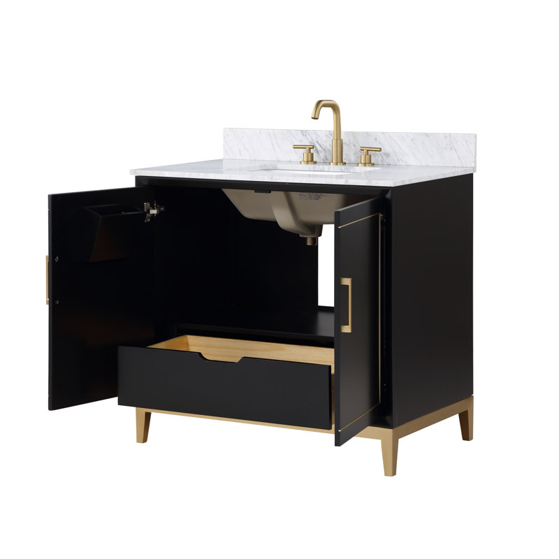 Gracie 36'' W Single Vanity, Calacatta Quartz, Midnight Black, Satin Brass