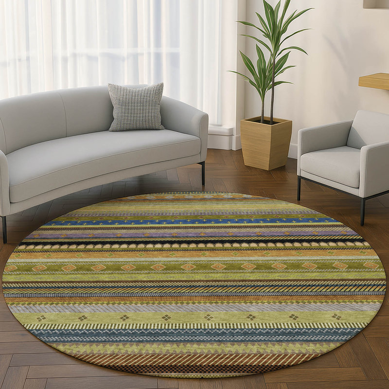 Tapis rayé de qualité supérieure Mayfield, Olive, Rond 8 pi