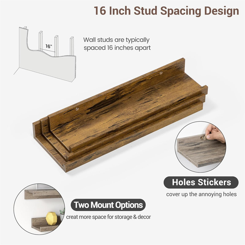 Rustic Floating Shelves Set of 3 with Lip, Picture Ledge Shelf for Nursery, Living Room – Multipurpose Storage Organizer, Bookshelf, & Photo Display Rack Rustic Brown