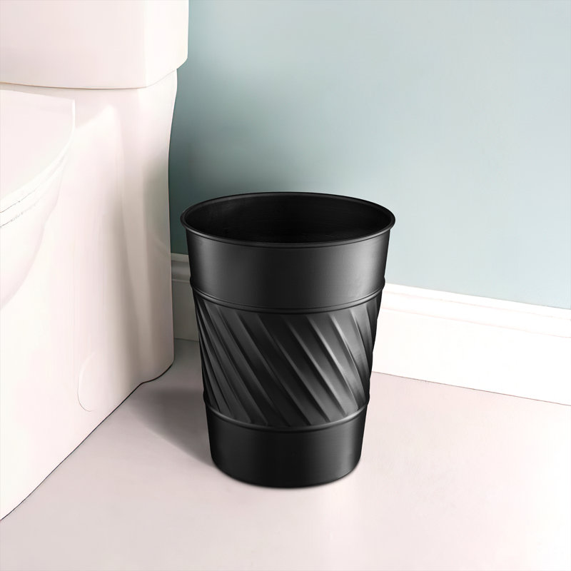 Wave Embossed Metal 1.8 Gallon Wastebasket Trash Can For Home Office Bedroom Bathroom Décor Durable, Black