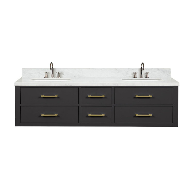 72 po Meuble-lavabo double W noir, comptoir en marbre, robinet, fermeture en douceur, meuble-lavabo noir en bois massif, comptoir, robinet inclus, armoire