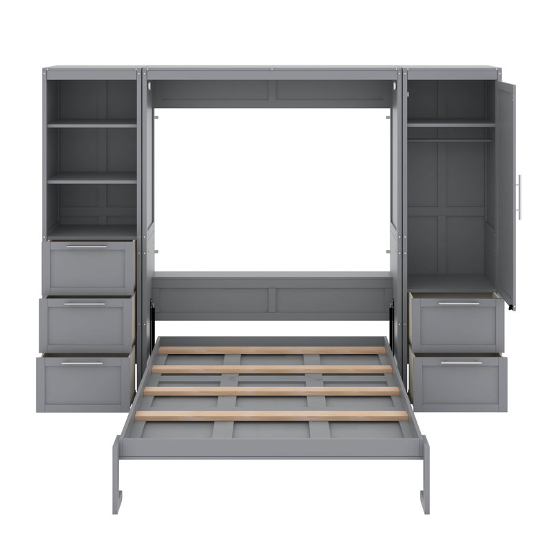 Grand lit escamotable avec tiroirs et tablettes, Gris