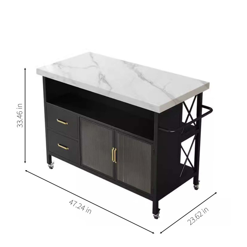 Marble movable kitchen island, metal base material, 33.46" H x 47.24" W x 23.62" D
