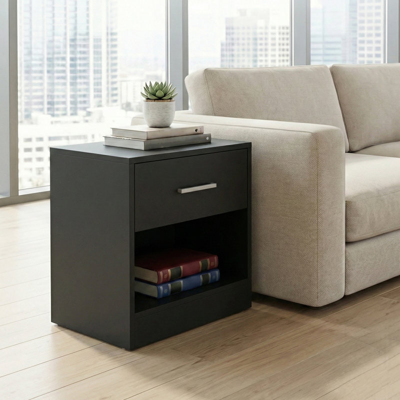 Table de chevet, table d'appoint avec tiroir et tablette, table de chevet, table de bout avec compartiment ouvert, pour chambre à coucher, salon, noir encre