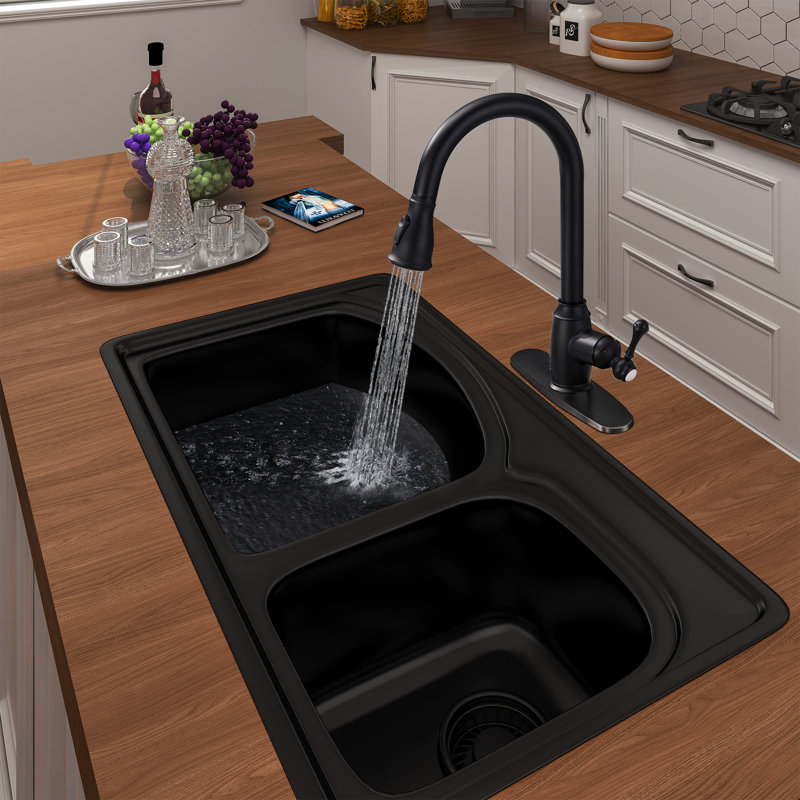 Robinet de cuisine rétractable à poignée simple avec douchette latérale, Noir mat
