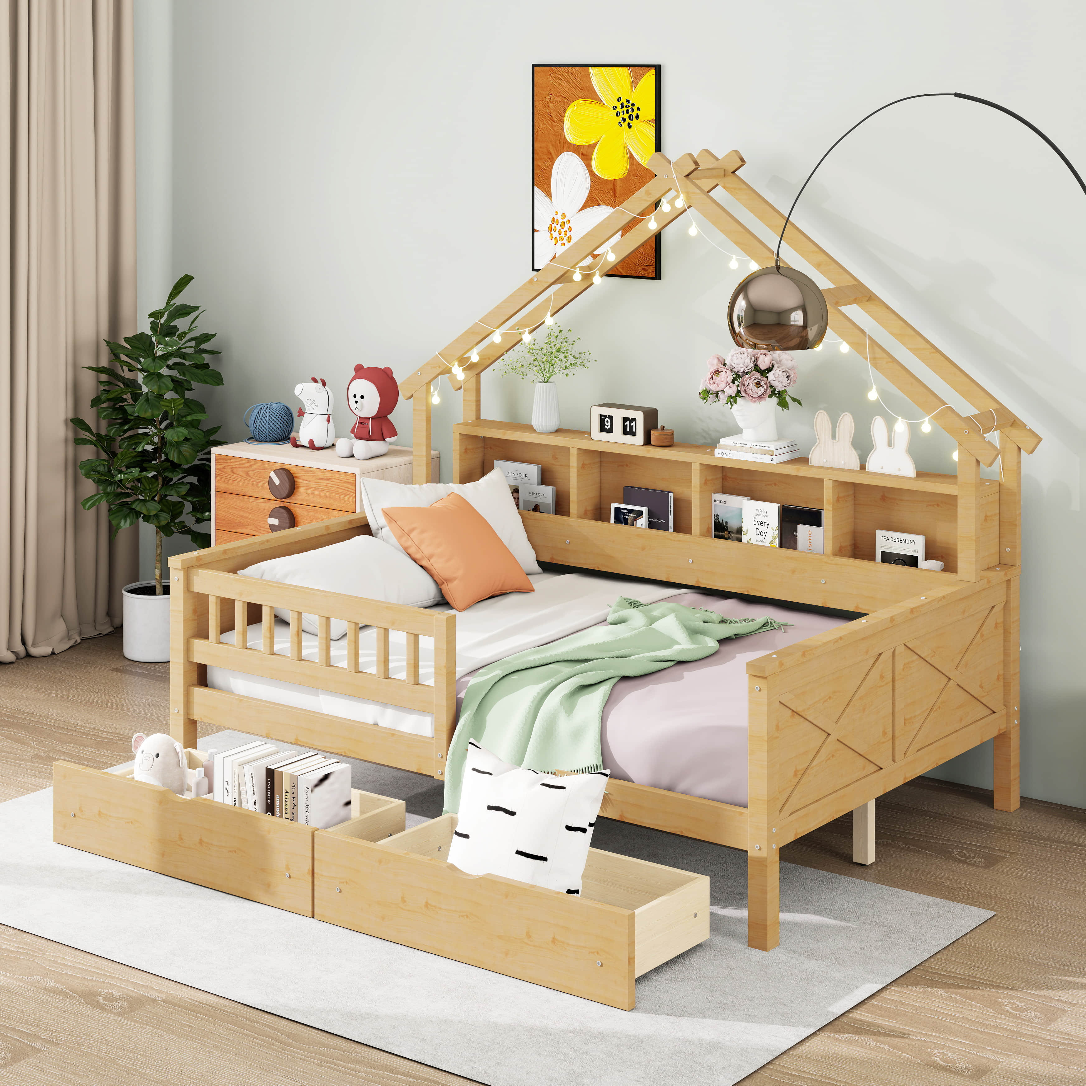 August Grove® Full Size Wood House-Roof Design Platform Beds With LED ...
