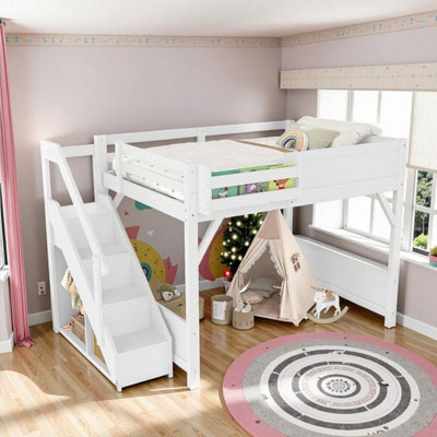 Lit mezzanine simple / double en bois massif avec garde-robe et tablettes intégrées