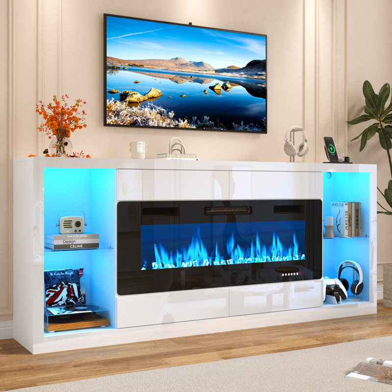 83" Fireplace TV Stand With Power Outlet, Large Media Console With 50" Fireplace, High Gloss Large Entertainment Center W/5000-Colors LED Lights & Drawers For Living Room, White
