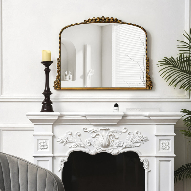 Hand-Painted Ornate Gold Arched Wall Mirror, 26'' x 35.4'', Antique Gold