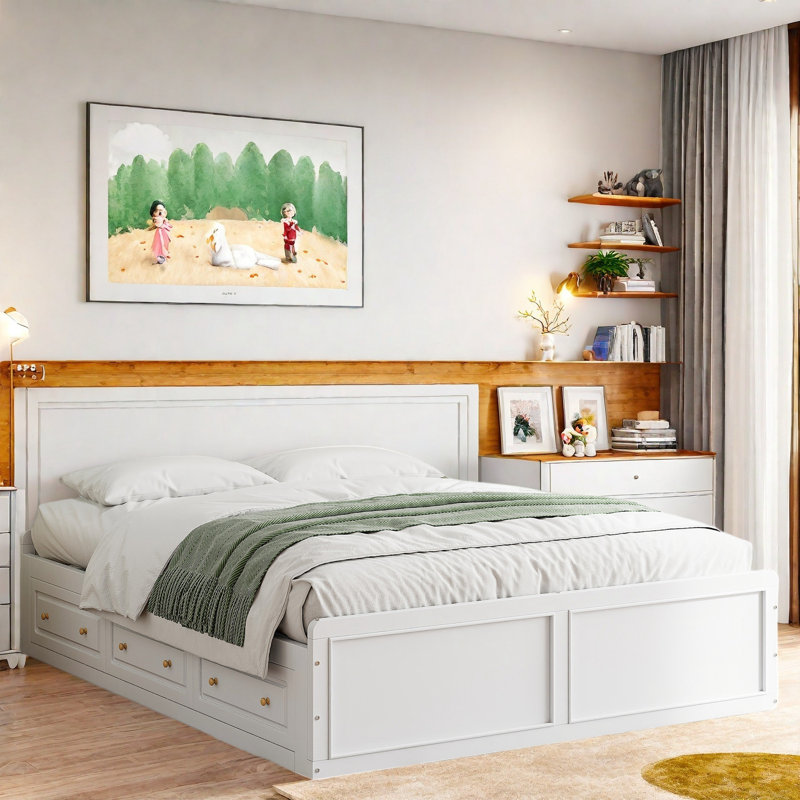 Lit plateforme en bois avec 6 tiroirs, sans tête de lit, Blanc