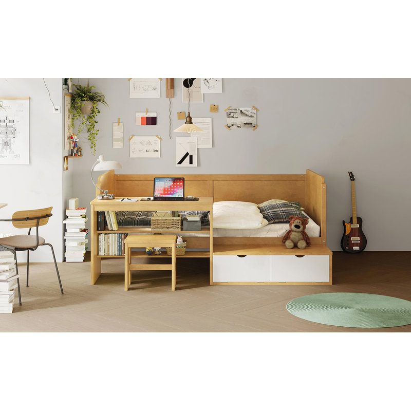 Lit de jour en bois avec tablettes de rangement et casiers, Naturel