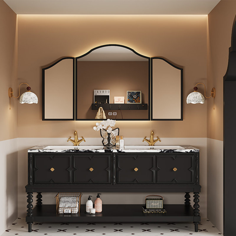 Armoire de salle de bain de style américain sur pied, H 33,46 po x l 59,06 po x P 21,65 po, Noir