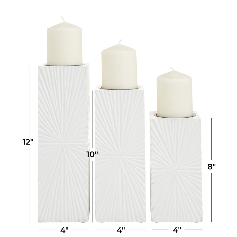 Wooden Carved Pillar Geometric Decorative Candle Holder Set, White