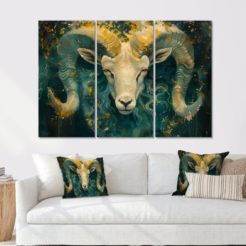 Astrologie verte et jaune «Aries Awakening I» «Astrologie verte et jaune Aries Awakening I» - 3 pièces, Toile tendue