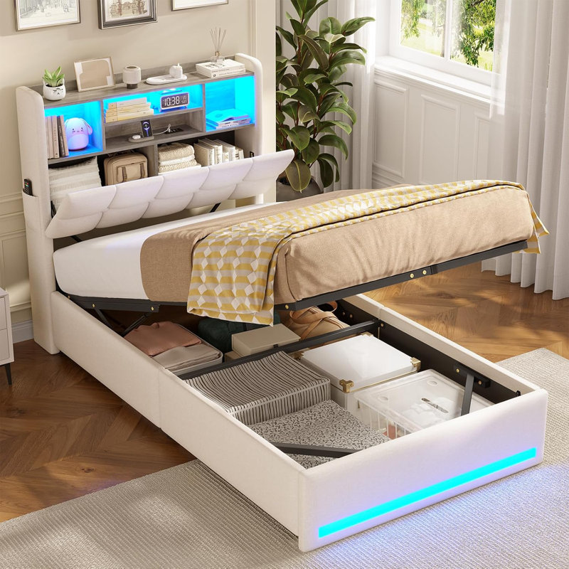 Upholstered Bed with Ottoman Under-bed Storage and Charging Station, Kingsize (5'), Beige