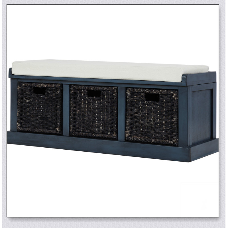Storage Bench with Removable Classic Rattan Basket, Entryway Bench with Removable Cushion, Antique Navy