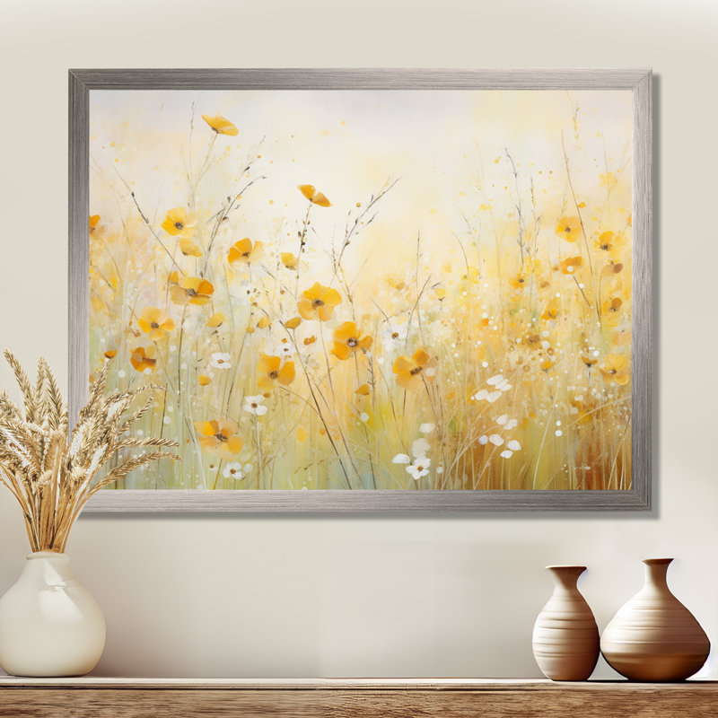 Fleurs de pavot jaunes en fleurs dans les prés - Décoration murale coquelicots, H 30 po x l 40 po x P 1,5 po