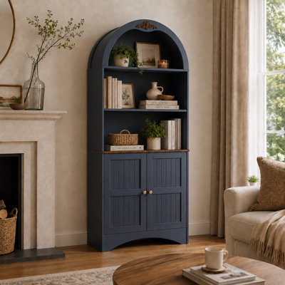 Armoire de rangement arquée avec tablettes réglables, bibliothèque autoportante avec portes en verre, applique décorative supérieure, vitrine de style campagnard pour le salon et la salle à manger