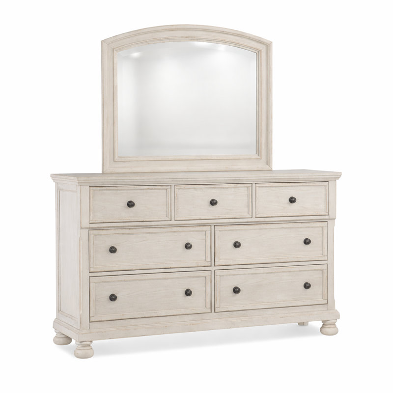 Alek 64.75" W Transitional 7-drawer Solid Wood Dresser & Mirror Set, White
