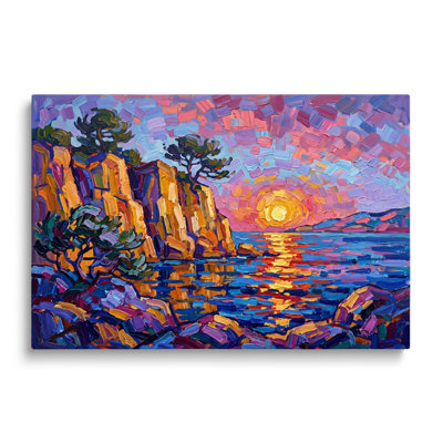 Tableau multicolore sur toile représentant un coucher de soleil sur une falaise côtière, œuvre d'art murale picturale pour le salon, la salle à manger et la chambre.