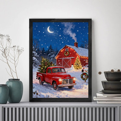 Black Framed Vintage Red Truck Christmas Wall Art Festive Snowy Rustic Frame Print
