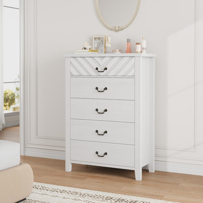 Tall Nightstand with 5 Drawers, 30.3" Brown Bedside Table with 3D v-Pattern Front, Modern Wood Night Stand with Storage for Bedroom, Nursery, Entryway or Living Room