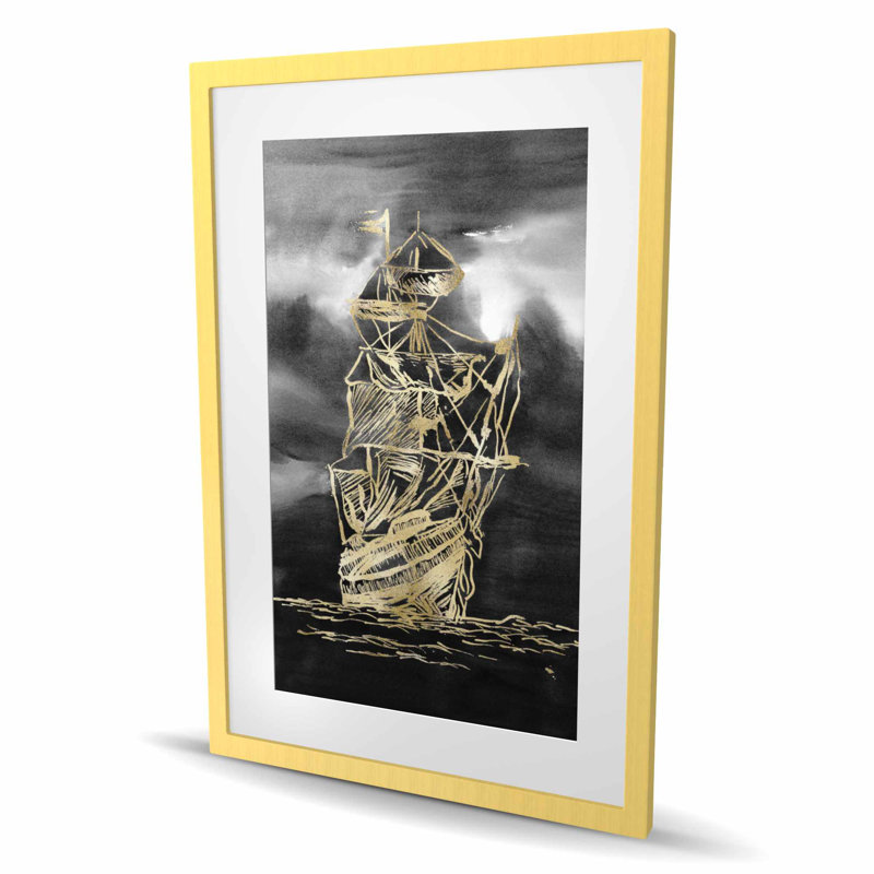 Voilier, petit bateau, illustration dorée - impression côtière encadrée