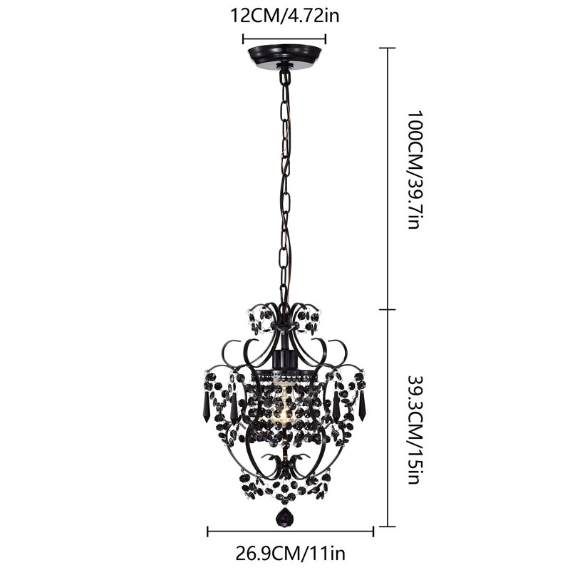 Modern Mini Crystal Chandelier, Small Hanging Light Fixture with 1 Light, Black