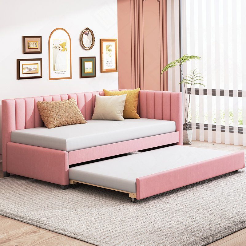 Upholstered Daybed with Trundle Twin Size Sofa Bed Frame, Twin, Pink