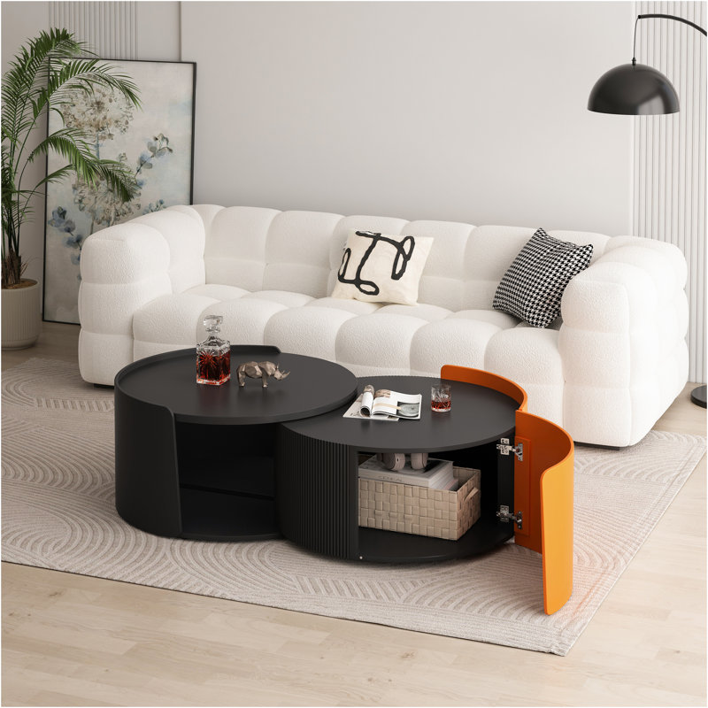 Nesting Coffee Table, Round Nesting Tables And End Tables For Small Space, Modern Side Tables With Extendable Sliding Tabletop For Living Room