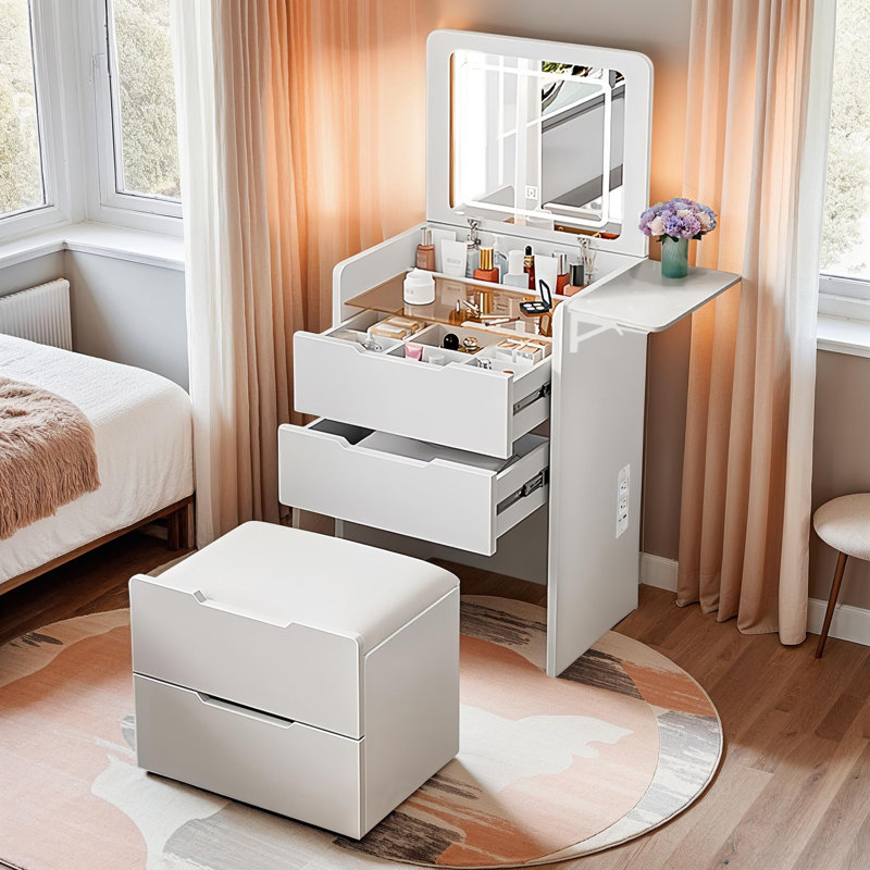 Petit bureau de coiffeuse avec miroir à DEL, ensemble de coiffeuse 3-en-1 avec tabouret caché
