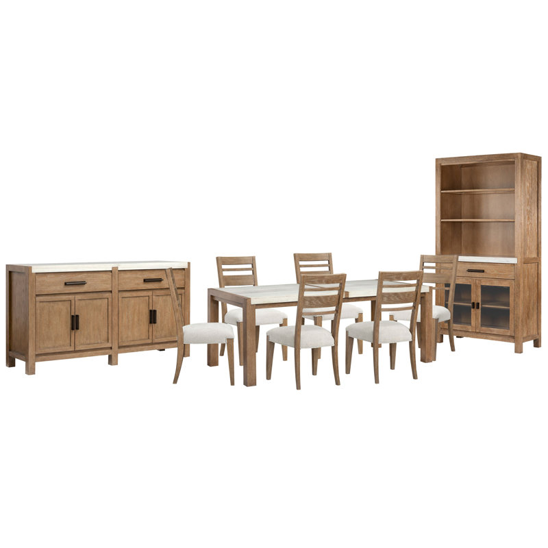 Table de salle à manger rectangulaire avec 6 chaises d'appoint et une vitrine, 9 pièces: table, armoire, buffet, 6 chaises