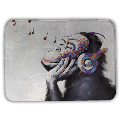Monkey listening music Bath Mat with Non-Slip Backing - Quick Dry Memory Foam Bathroom Rug - Absorbent - Modern Plush Spa-Style - Machine Washable