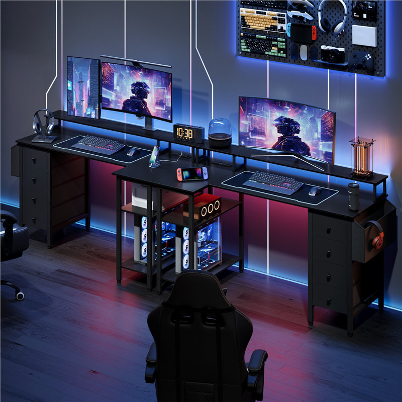 L-Shaped Computer Desk with Built-In Electrical Outlet, 140cm L x 68cm W x 87cm H, Black