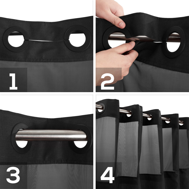 Black Fabric Shower Curtain with Snap-in Liner and Sheer Top