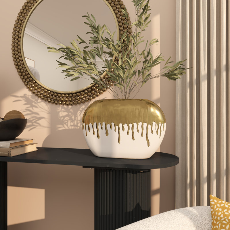 Marelin Ceramic Abstract Decorative Vase with Abstract Melting Drips, Gold/White