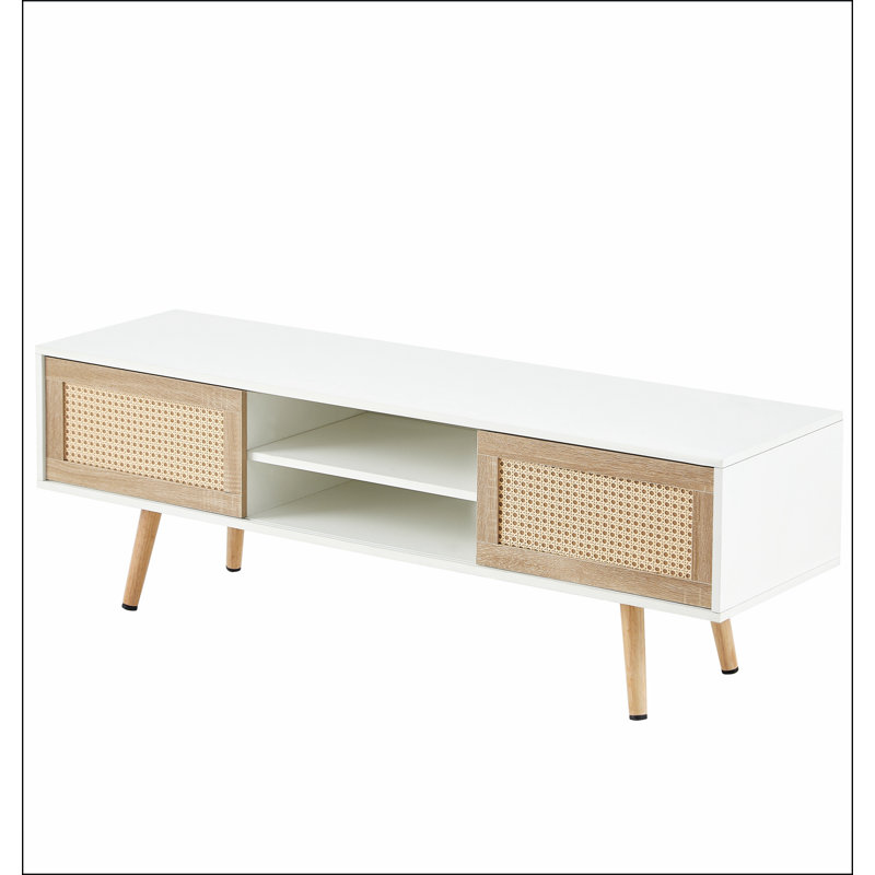 Meuble télé 55,25 po en rotin, portes coulissantes doubles pour le rangement, tablette réglable, pieds en bois massif, console télé pour le salon