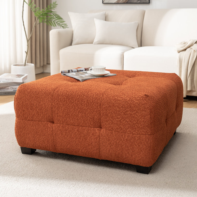 Ashyiah 32'' Wide Upholstered Tufted Ottoman, Orange Boucle
