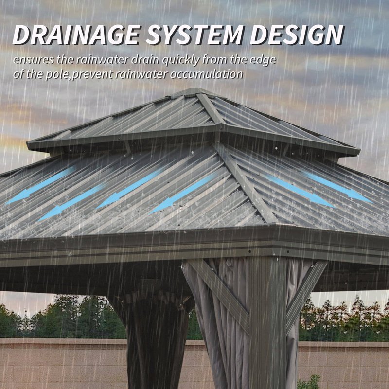 12X12FT Gazebo Metal, Mosquito Net For Outdoor Use With Galvanized Steel Double Roof & Drainage System (Grey), Gray