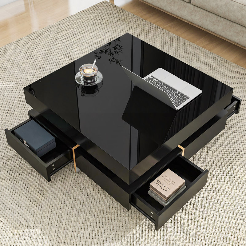 Table basse moderne à haute brillance avec 4 tiroirs, table basse carrée multi-rangement avec pieds en grain de bois, table centrale pour le salon, 31,5 po x 31,5 po