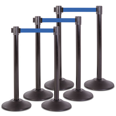 US Weight Heavy Duty Premium Black Steel Stanchion with Blue 7.5-Foot Retractable Belt- 6 PK