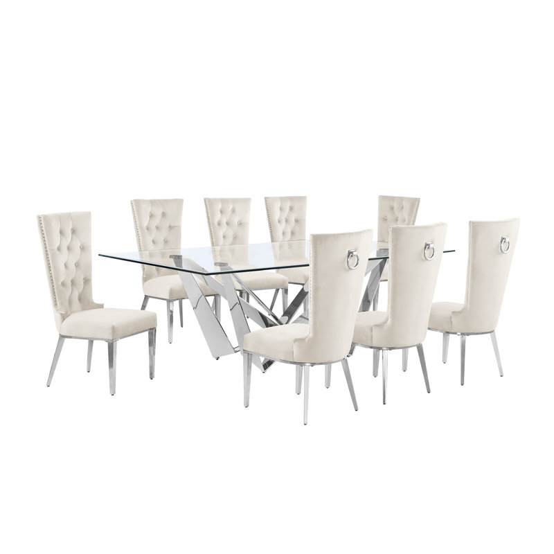 Kemya Glass Top Double Pedestal Dining Set, Cream/Siver, 9, Silver