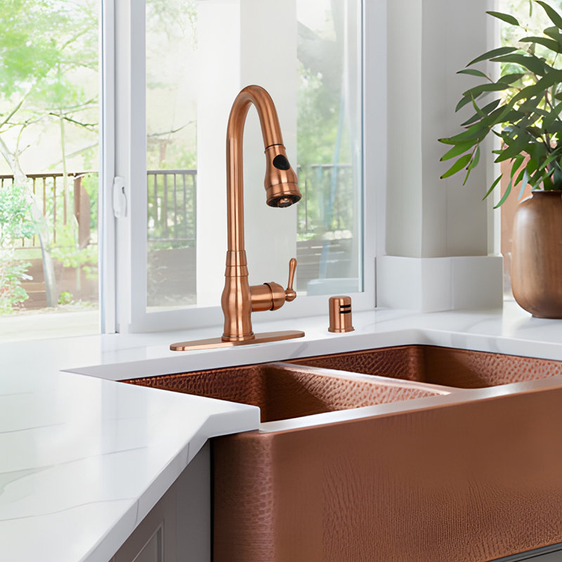 Robinet de cuisine rétractable à poignée simple avec plaque de pont, Cuivre