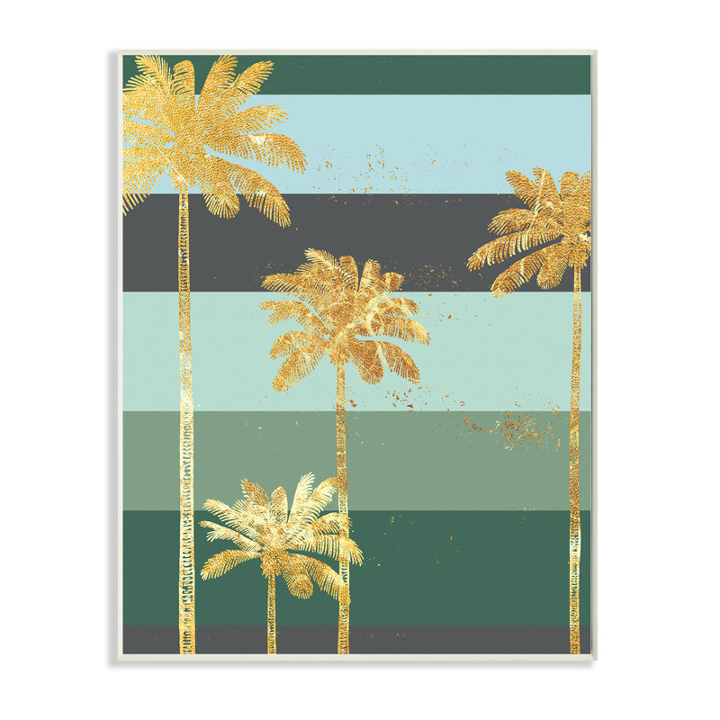 Glam Tropical Palms sur Green Bold Stripes par Ziwei Li - Peinture, Bois naturel, H 15 po x l 10 po