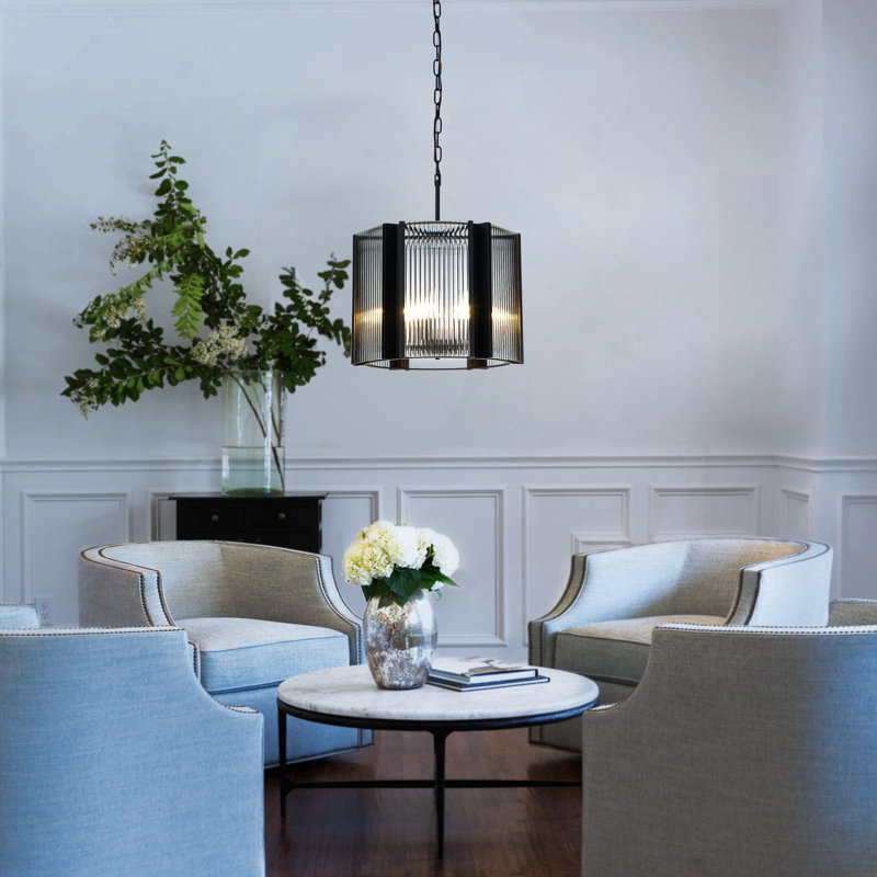 Afomia 6-Light 45cm Black Modern Lantern Drum Chandelier with Clear Fluted Glass Accents