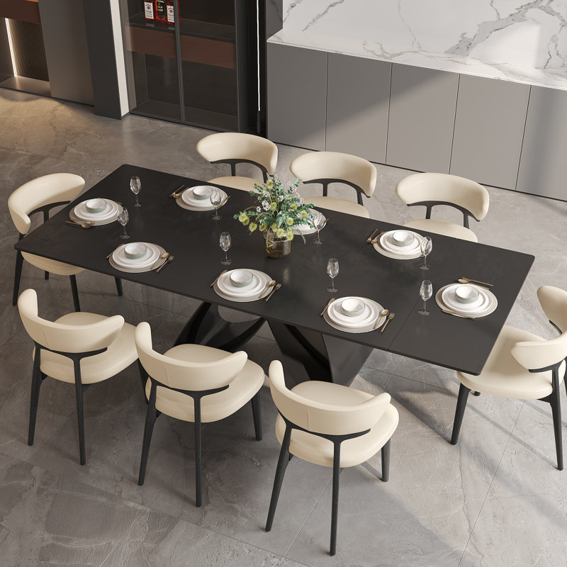 63''-94.5'' Extendable Rectangular Sintered Stone Dining Table Steel Legs, Black Modern Dining Table with Adjustable Foot Pads Seat 6-8