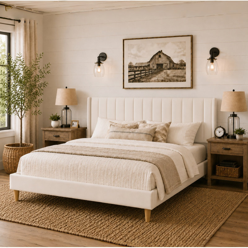 Eriksay Low Profile Upholstered Platform Bed with Wingback Headboard, King, Cream Velvet