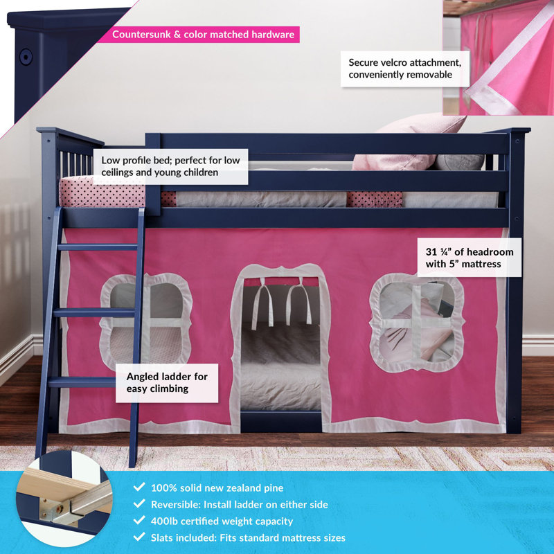 Mendelson Kids Low Bunk Bed with Curtain, Pink, Blue