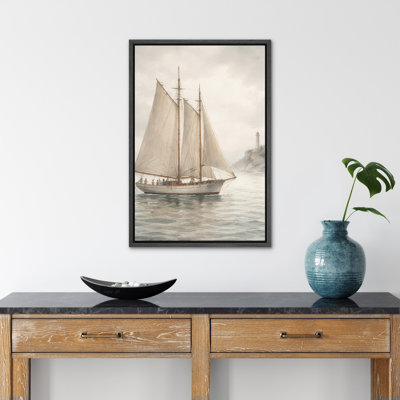 Vintage Sailboat with Lighthouse Coastal Scene Wall Art Decor Framed On Canvas Print